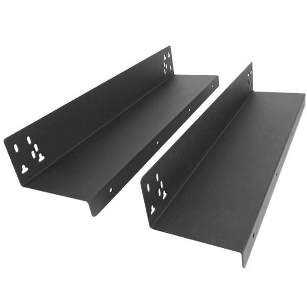 A pair of black metal shelves with holes for mounting under a table.