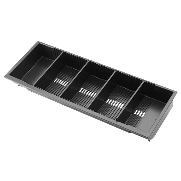 A black plastic POS-X coin tray with four compartments.