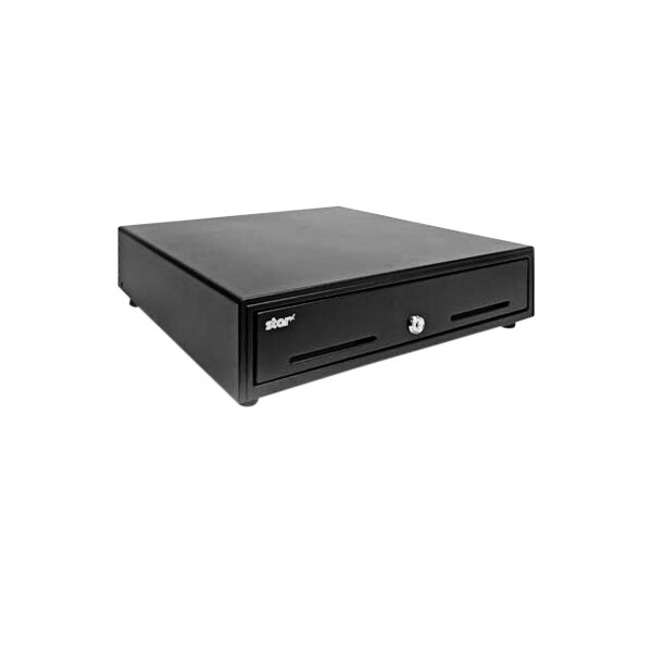A black rectangular cash drawer with a USB cable.