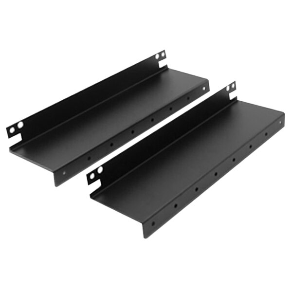 A pair of black metal shelves with holes.
