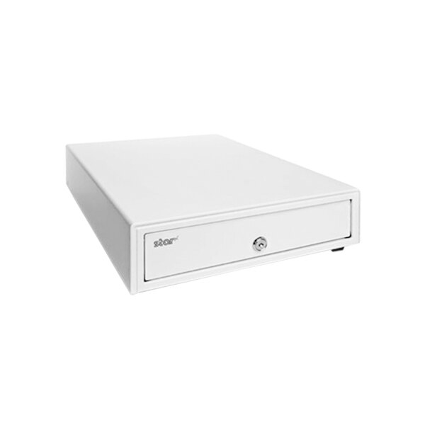 A white Star Max Series cash drawer with a lock.