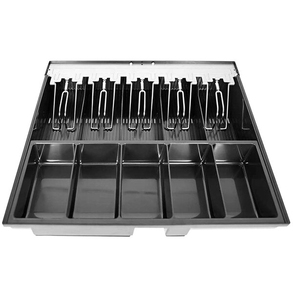 A silver tray with a black Star CD3 cash drawer till with six compartments for money.
