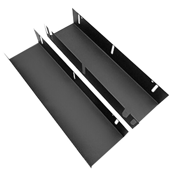 Two black metal shelves with holes in them.