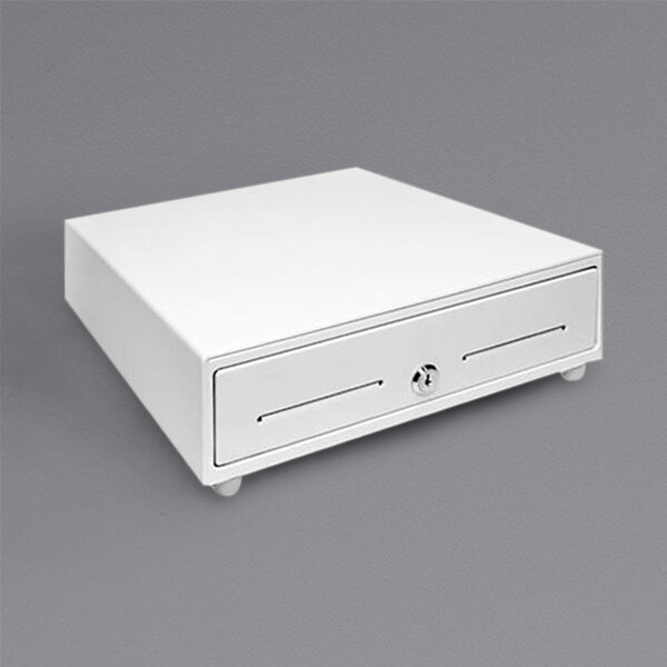A white rectangular Star Max cash drawer with a lock.