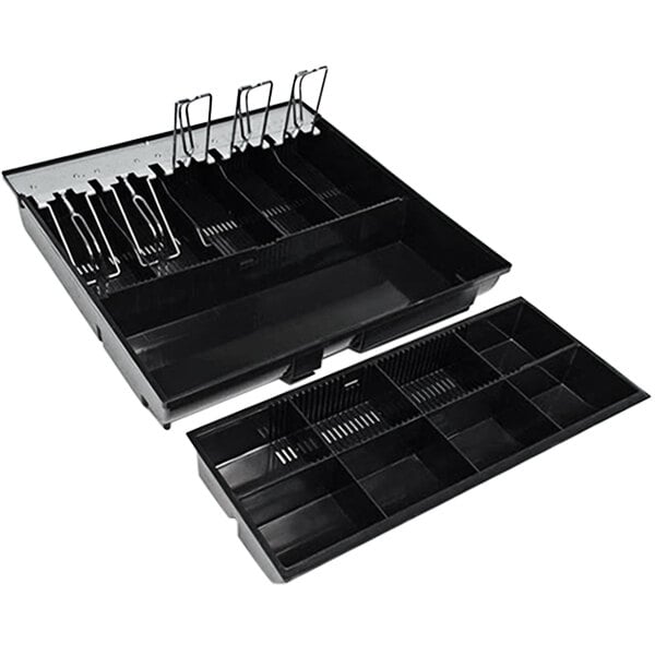 A black plastic tray with metal holders inside a metal cash drawer till.