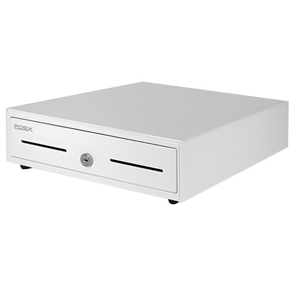 A white rectangular POS-X ION cash drawer with a lock.