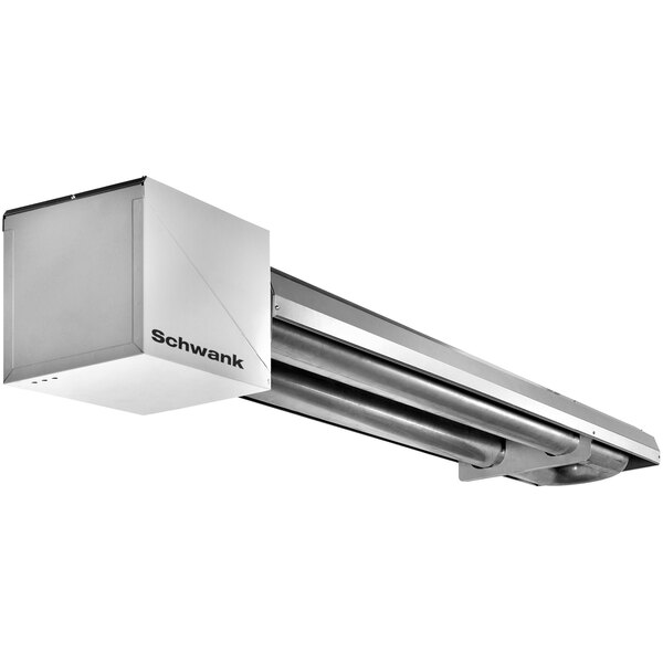 A Schwank stainless steel natural gas tube heater with a long rectangular tube.