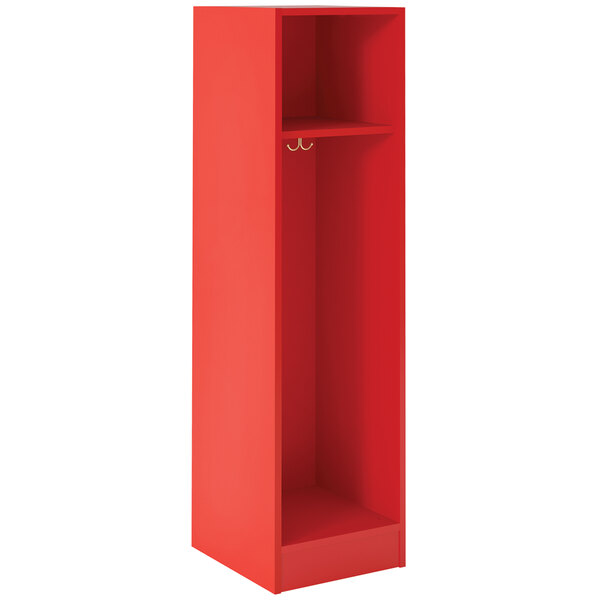 A red rectangular I.D. Systems storage locker with a shelf on top.