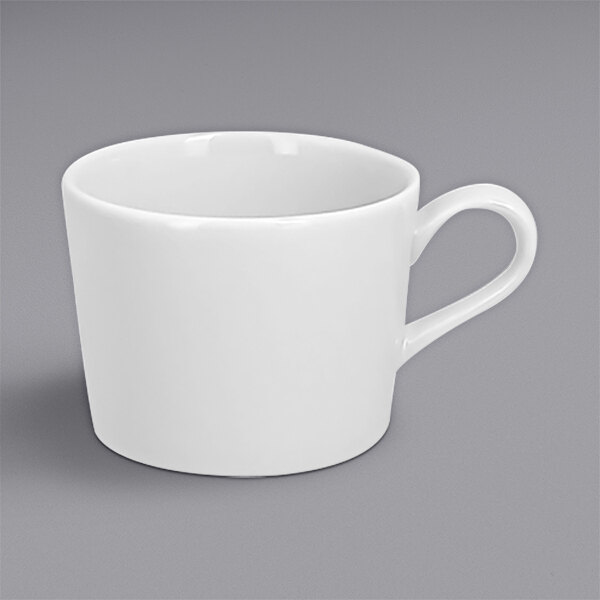 A white RAK Porcelain coffee cup with a handle.