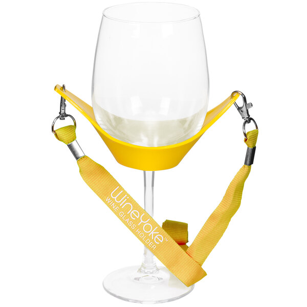A Franmara yellow rubber wine glass holder with a yellow lanyard strap attached to it.