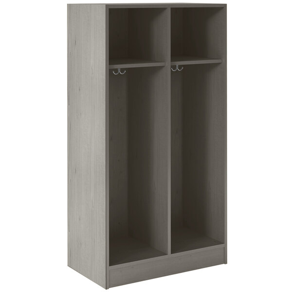 A dark elm I.D. Systems double storage locker with two doors and three shelves.