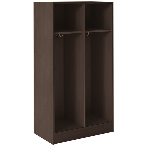 A brown wooden double storage locker with two shelves.