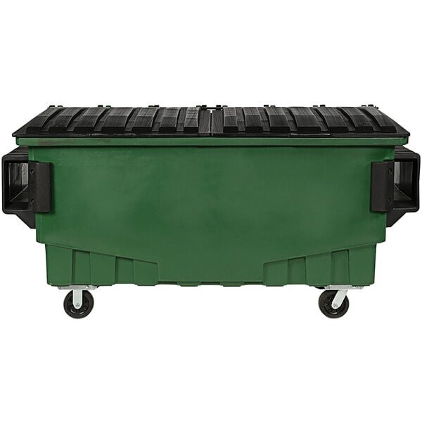 A green Toter dumpster with black lids on wheels.