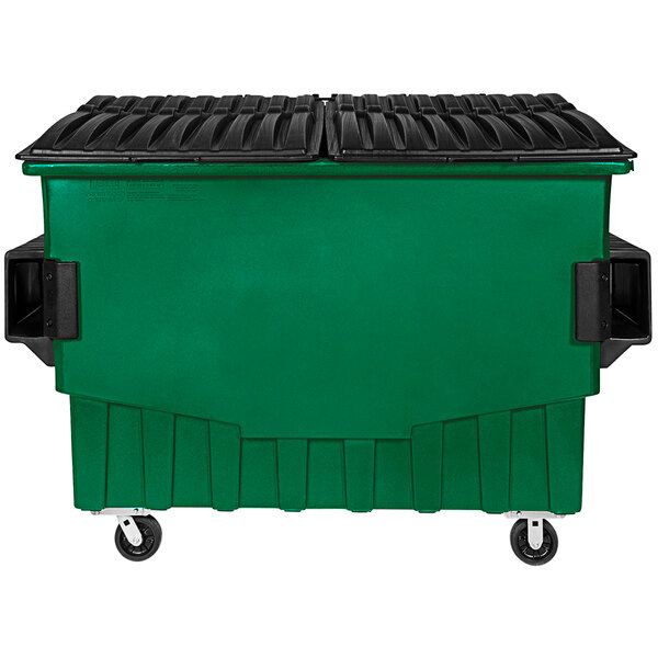 A green Toter dumpster with black lids and wheels.