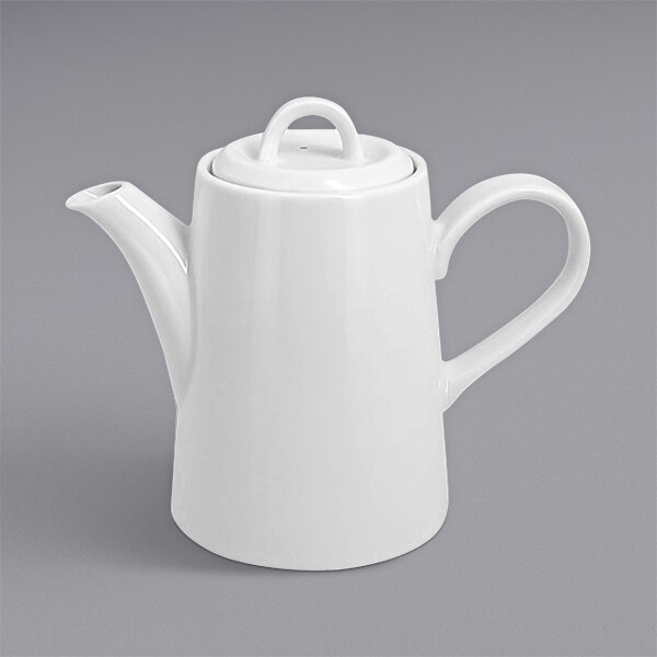 A white RAK Porcelain Polaris coffee pot with a lid and handle.