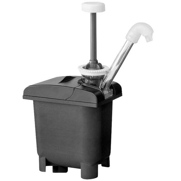 A black Nemco plastic topping pump for a refrigerated ice cream topping rail with a white handle.