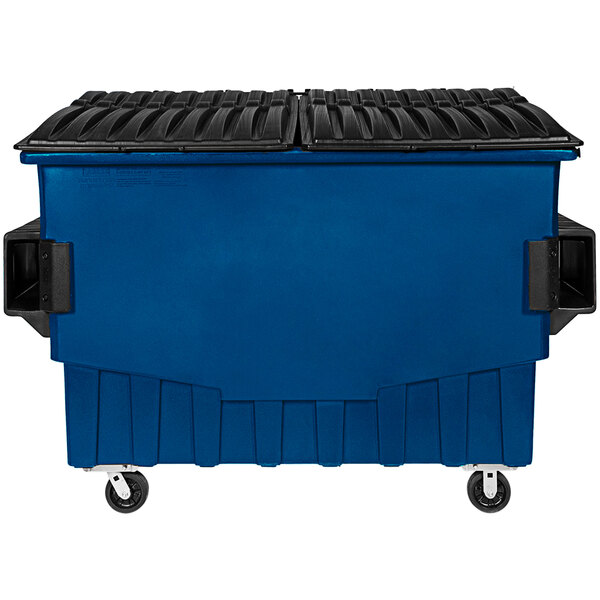 A blue Toter industrial trash container with black lids and wheels.