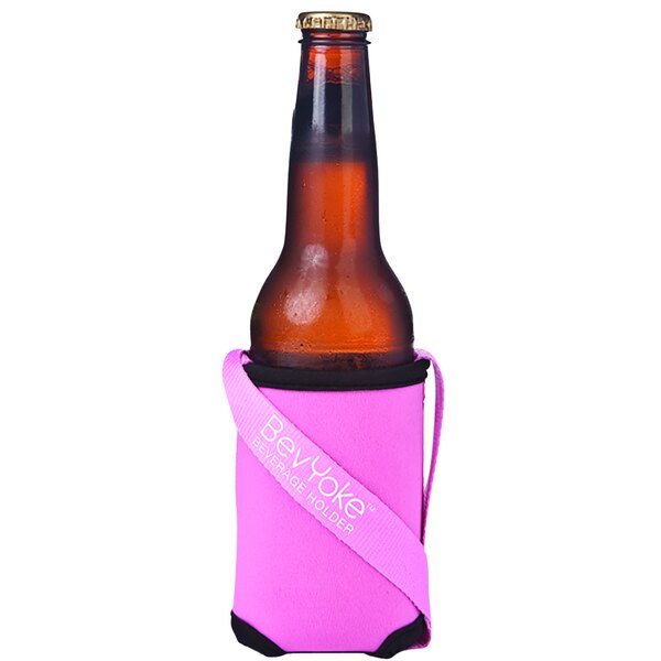 A pink Franmara beverage cozie with a strap holding a bottle.