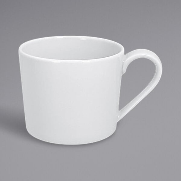 A close-up of the handle of a RAK Porcelain Polaris white mug.