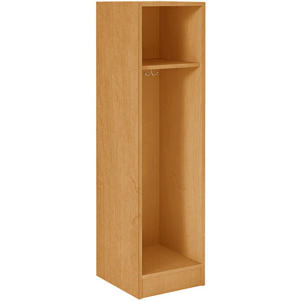 A maple wooden storage locker with a shelf inside.