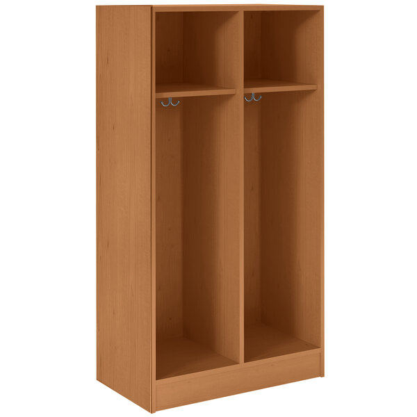 A wooden locker with two shelves.