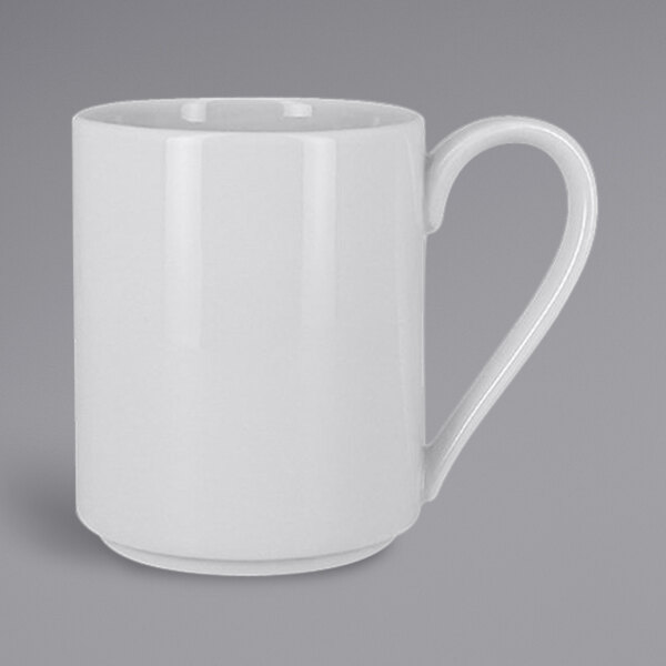 A close-up of a white RAK Porcelain Polaris mug with a handle.