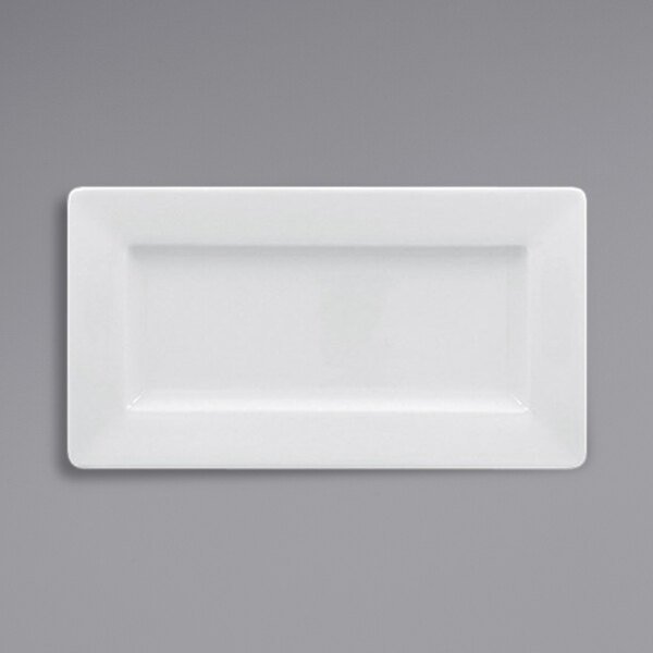 A white rectangular porcelain plate with a black border.