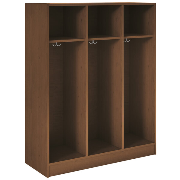 A dark walnut wooden locker with three shelves.