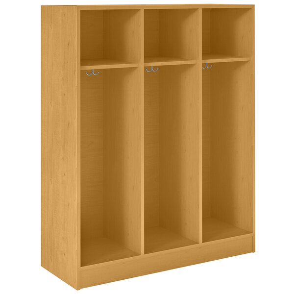 A light oak wooden triple storage locker with two doors and three shelves.