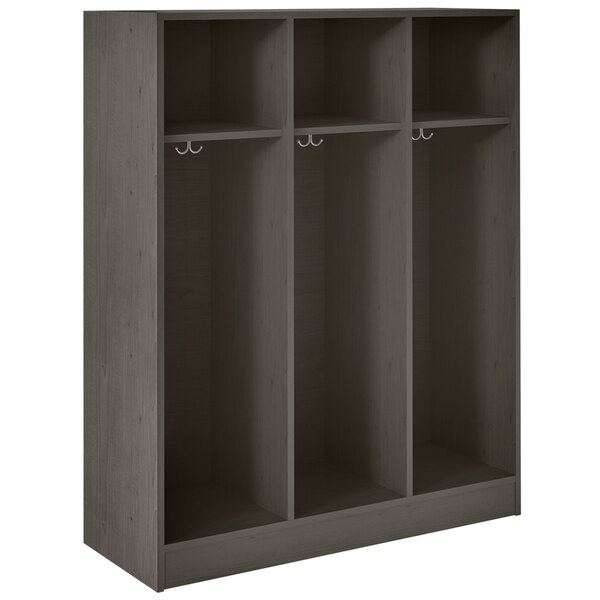 A dark elm wooden locker with three shelves and two doors.