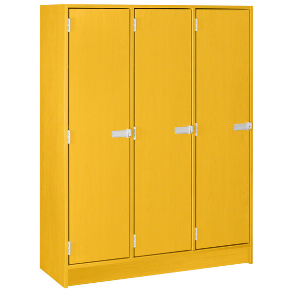 A yellow I.D. Systems triple locker with white doors.