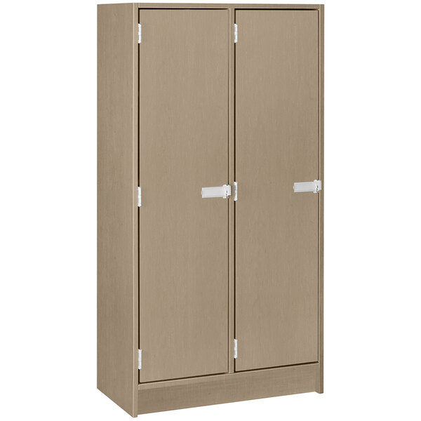 A brown I.D. Systems double storage locker with white door hinges.