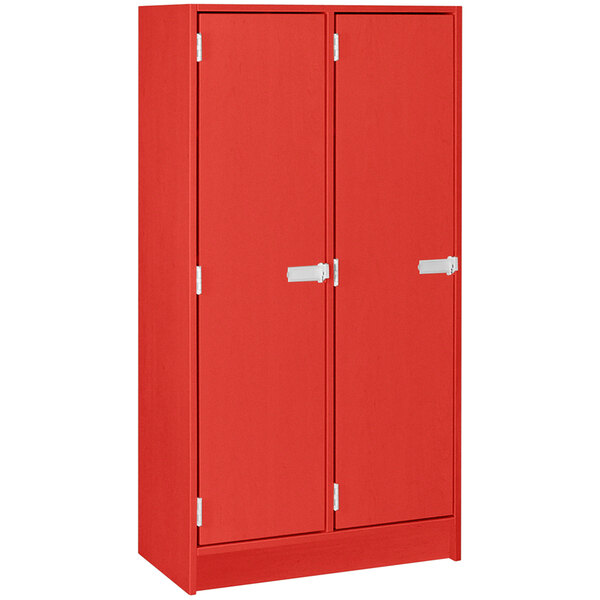 A red I.D. Systems double storage locker with doors and silver handles.