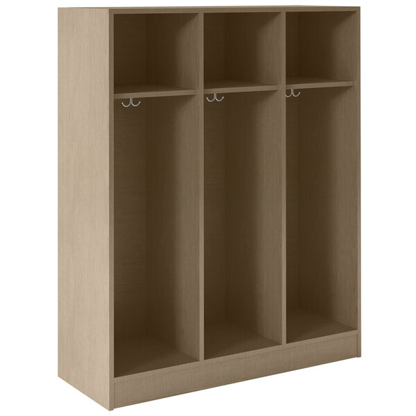 A pepperdust wooden triple storage locker with three shelves.