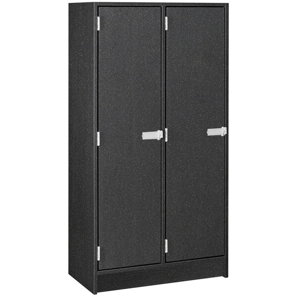 A black locker with silver handles.