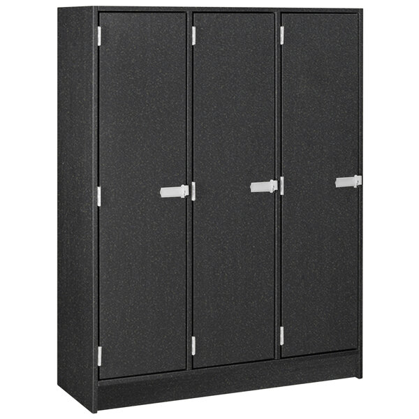A black metal locker with white handles.