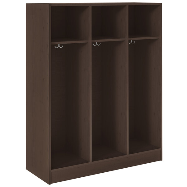 A brown wooden triple storage locker with shelves and hooks.