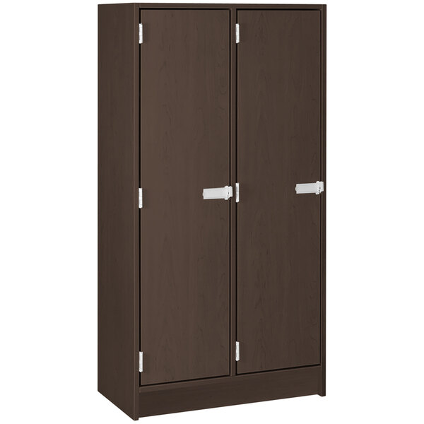 A brown I.D. Systems double storage locker with doors and silver handles.