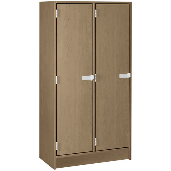 A brown wooden locker cabinet with white doors.