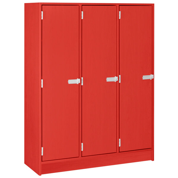 A red triple storage locker with white doors and silver handles.