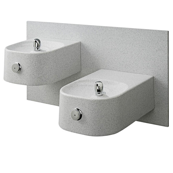 A gray Halsey Taylor wall mount drinking fountain with two basins.