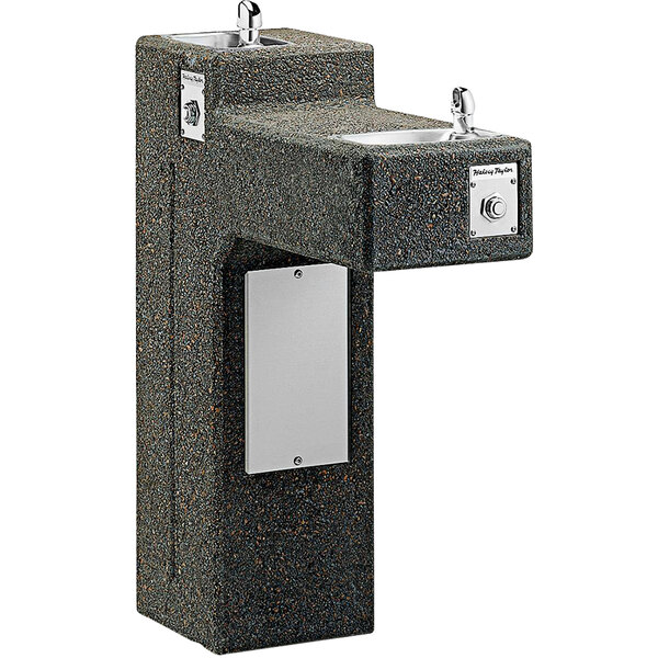 A black and silver granite pedestal drinking fountain with two faucets.