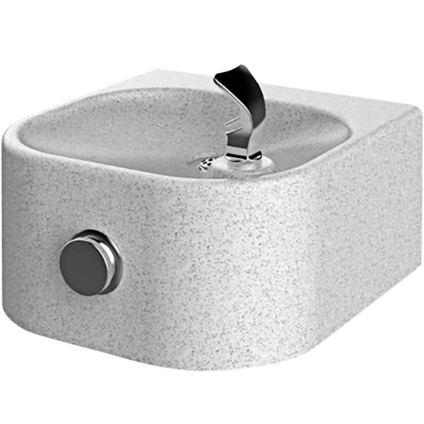 A white square Halsey Taylor drinking fountain with a white sink.