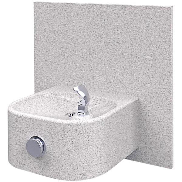 A white wall mounted Halsey Taylor drinking fountain with a gray frame and silver basin.