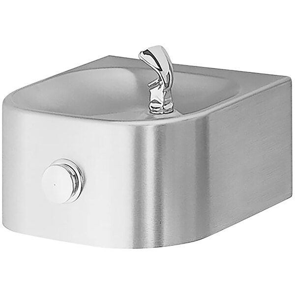 A stainless steel Halsey Taylor wall mount drinking fountain with a button.
