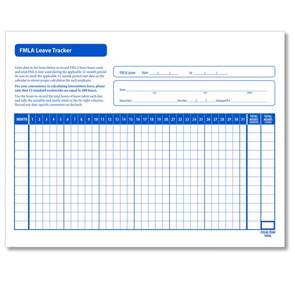 A blue and white ComplyRight FMLA Leave Tracker sheet.