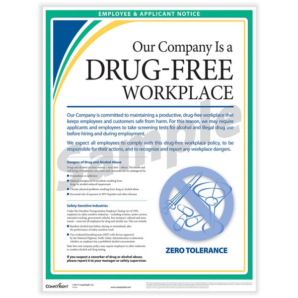 A ComplyRight Drug-Free Workplace Poster on a counter with text on it.