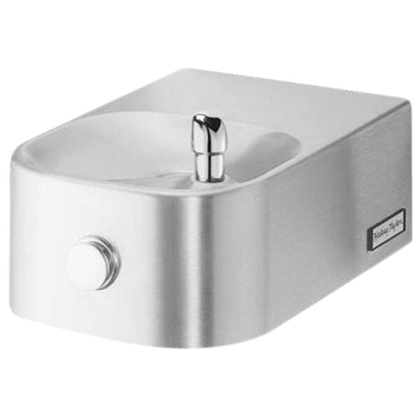 A stainless steel rectangular wall mount drinking fountain with a white knob.