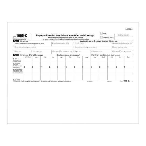 ComplyRight 8 1/2" x 11" 1095-C IRS Copy of Employer-Provided Health Insurance Offer and Coverage Laser Tax Form - 25/Pack