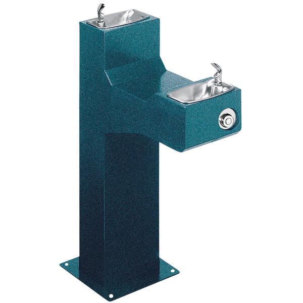 A blue drinking fountain with two silver faucets.